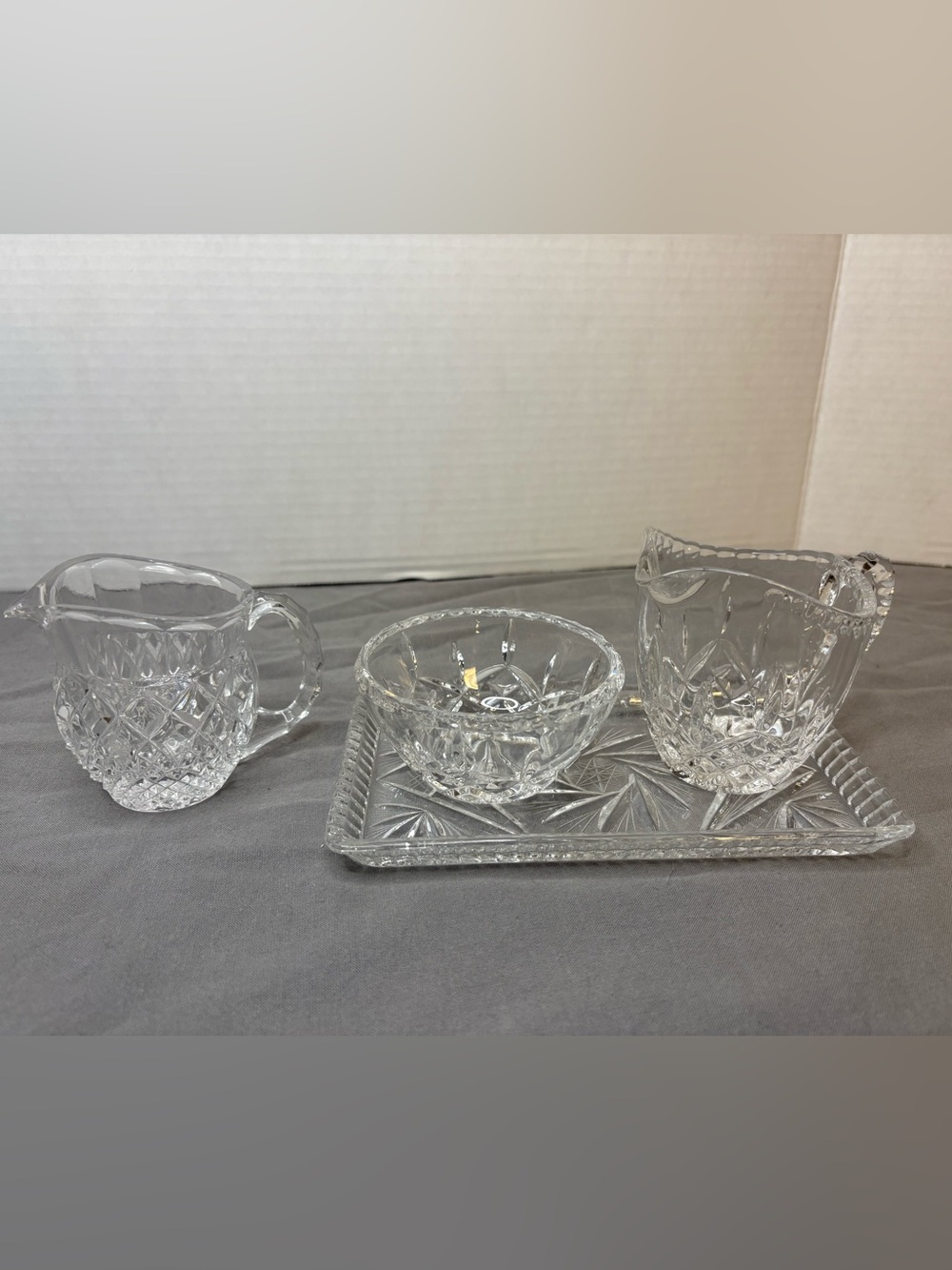 Vintage Crystal Creamer and Sugar Set with Tray and extra Creamer